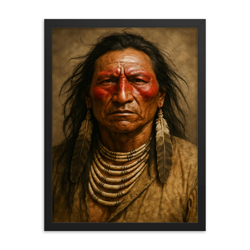 Crazy Horse portrait framed print on a plain backdrop in size 18