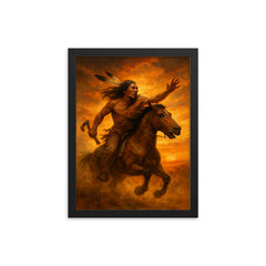 Crazy Horse refusing capture in sunset dust framed print on a plain backdrop in size 12"x16".