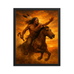 Crazy Horse refusing capture in sunset dust framed print on a plain backdrop in size 16"x20".