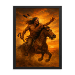 Crazy Horse refusing capture in sunset dust framed print on a plain backdrop in size 18"x24".
