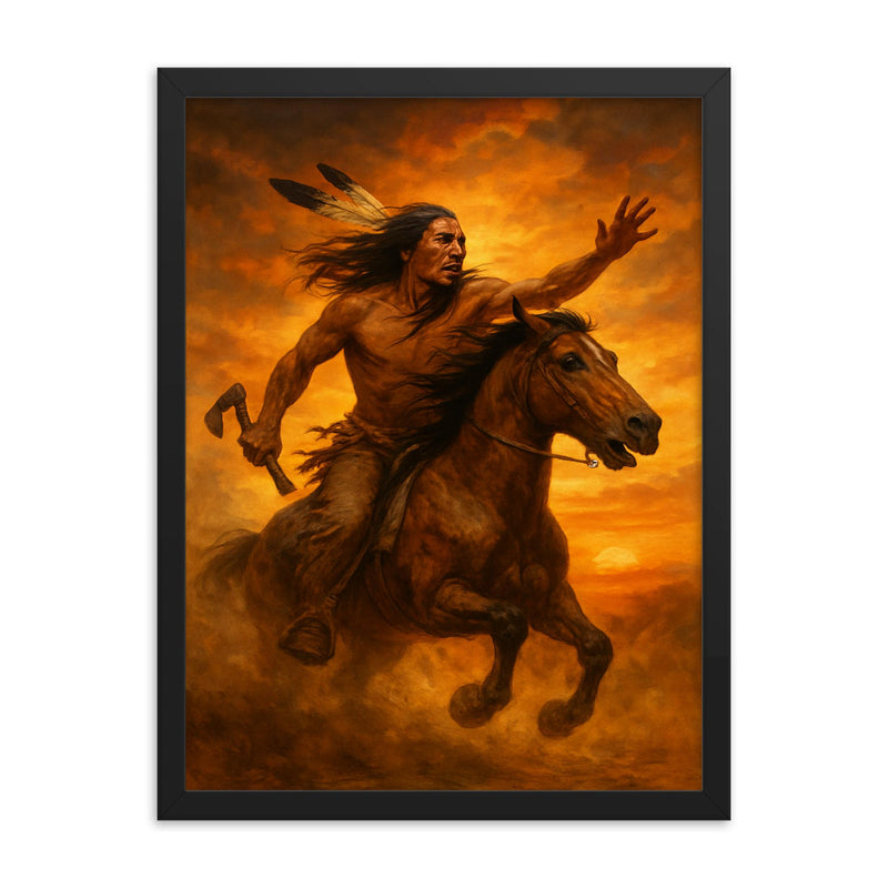 Crazy Horse refusing capture in sunset dust framed print on a plain backdrop in size 18