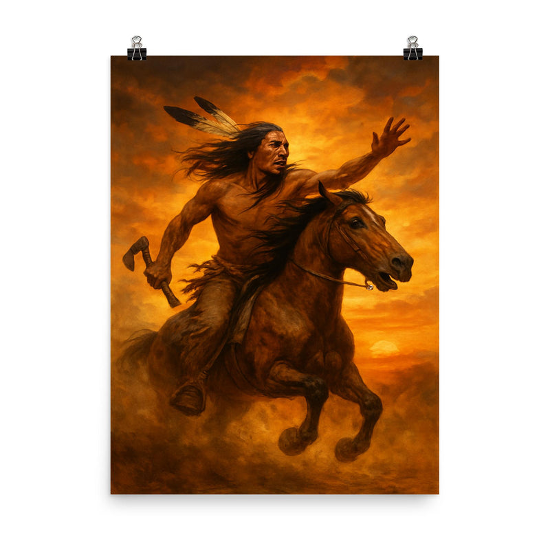 Crazy Horse refusing capture in sunset dust poster on a plain backdrop in size 8