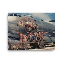 Crew of B-29 Superfortress "Waddy's Wagon" Posing with Nose Art, KIA in January 1945 canvas print on a plain backdrop in size 16"x20".