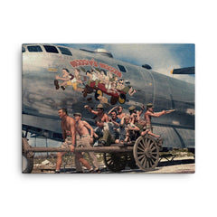 Crew of B-29 Superfortress "Waddy's Wagon" Posing with Nose Art, KIA in January 1945 canvas print on a plain backdrop in size 18"x24".