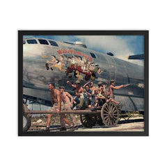 Crew of B-29 Superfortress "Waddy's Wagon" Posing with Nose Art, KIA in January 1945 framed print on a plain backdrop in size 16"x20".