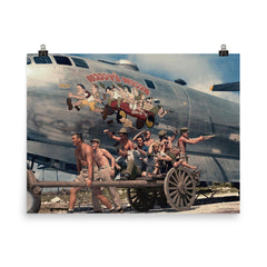 Crew of B-29 Superfortress "Waddy's Wagon" Posing with Nose Art, KIA in January 1945 poster on a plain backdrop in size 8"x10".