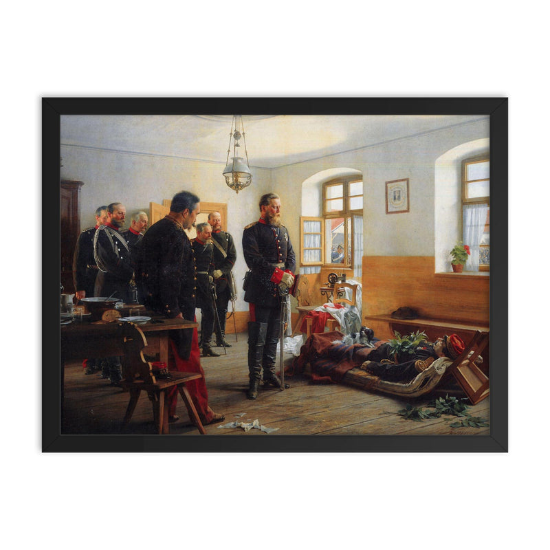 Crown Prince Friedrich Wilhelm Contemplating the Corpse of French General Abel Douay by Anton von Werner, 1888 framed print on a plain backdrop in size 18