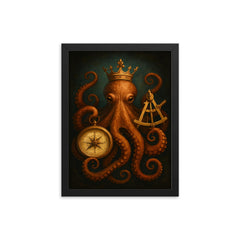 Crowned octopus holding navigation instruments framed print on a plain backdrop in size 12"x16".
