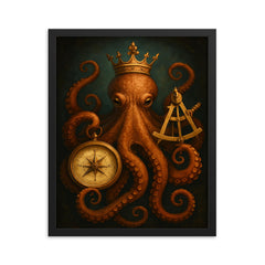Crowned octopus holding navigation instruments framed print on a plain backdrop in size 16"x20".