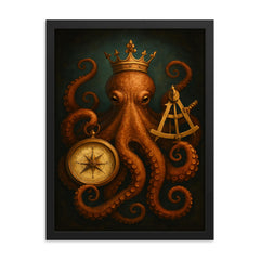 Crowned octopus holding navigation instruments framed print on a plain backdrop in size 18"x24".