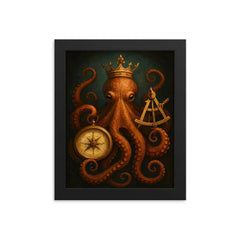 Crowned octopus holding navigation instruments framed print on a plain backdrop in size 8"x10".