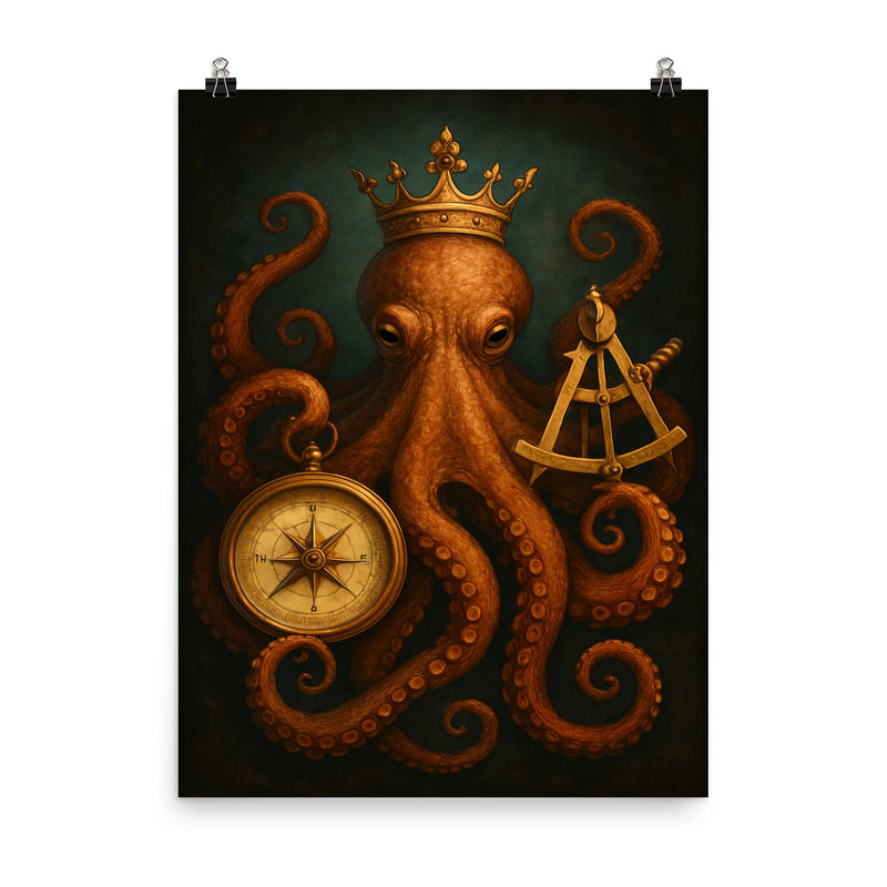 Crowned octopus holding navigation instruments poster on a plain backdrop in size 8