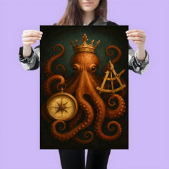 Crowned octopus holding navigation instruments poster 3