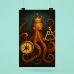 Crowned octopus holding navigation instruments poster 6