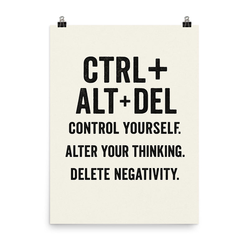 CTRL + ALT + DEL Control yourself Alter your thinking Delete negativity poster on a plain backdrop in size 8
