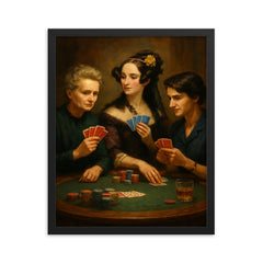 Curie Lovelace and Franklin playing poker framed print on a plain backdrop in size 16"x20".