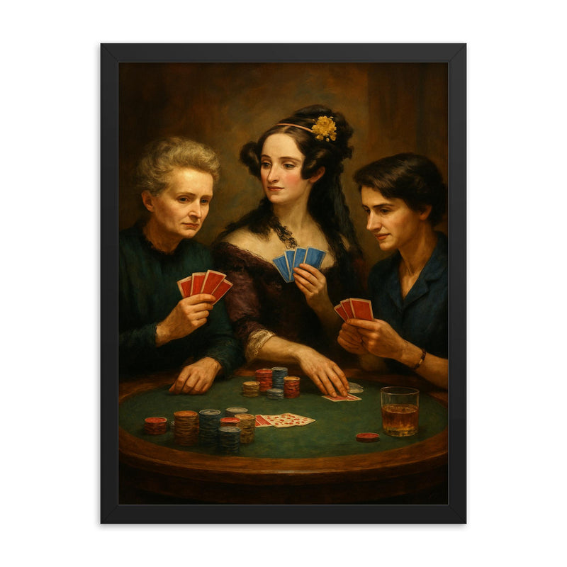 Curie Lovelace and Franklin playing poker framed print on a plain backdrop in size 18