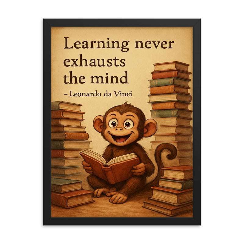 Curious monkey with books inspired by Leonardo da Vinci quote framed print on a plain backdrop in size 18