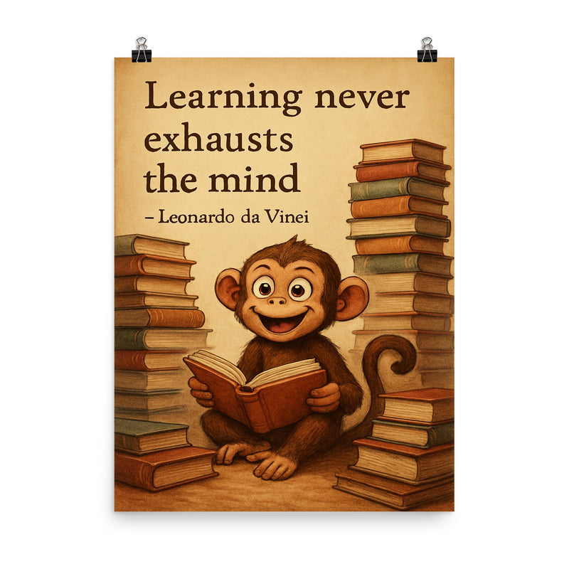 Curious monkey with books inspired by Leonardo da Vinci quote poster on a plain backdrop in size 8