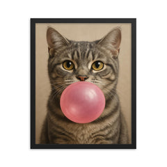 Cute gray tabby cat blowing pink bubblegum bubble framed print on a plain backdrop in size 16"x20".
