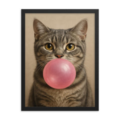 Cute gray tabby cat blowing pink bubblegum bubble framed print on a plain backdrop in size 18"x24".