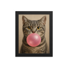 Cute gray tabby cat blowing pink bubblegum bubble framed print on a plain backdrop in size 8"x10".