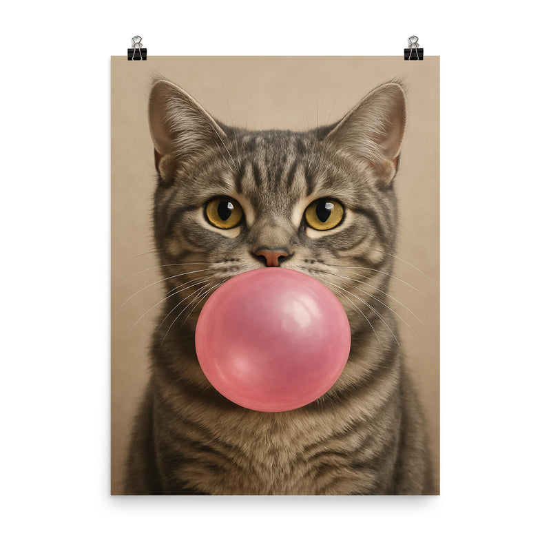 Cute gray tabby cat blowing pink bubblegum bubble poster on a plain backdrop in size 8