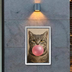 Cute gray tabby cat blowing pink bubblegum bubble poster 2