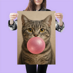 Cute gray tabby cat blowing pink bubblegum bubble poster 3
