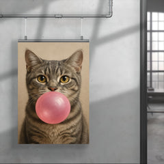 Cute gray tabby cat blowing pink bubblegum bubble poster 4