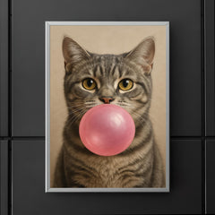 Cute gray tabby cat blowing pink bubblegum bubble poster 5