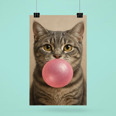 Cute gray tabby cat blowing pink bubblegum bubble poster 6