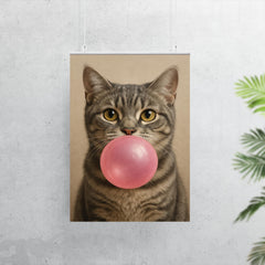 Cute gray tabby cat blowing pink bubblegum bubble poster 7