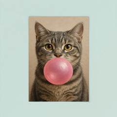 Cute gray tabby cat blowing pink bubblegum bubble poster 8