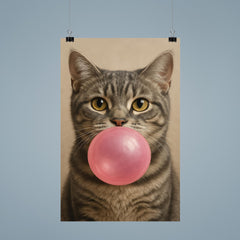 Cute gray tabby cat blowing pink bubblegum bubble poster 9