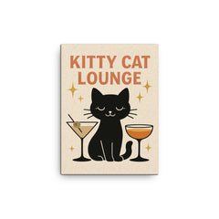 Cute minimalist sparkly wall decor of a black cat with cocktail glasses and the words 'Kitty cat lounge' canvas print on a plain backdrop in size 12"x16".