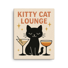 Cute minimalist sparkly wall decor of a black cat with cocktail glasses and the words 'Kitty cat lounge' canvas print on a plain backdrop in size 16"x20".