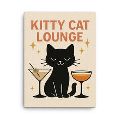 Cute minimalist sparkly wall decor of a black cat with cocktail glasses and the words 'Kitty cat lounge' canvas print on a plain backdrop in size 18"x24".