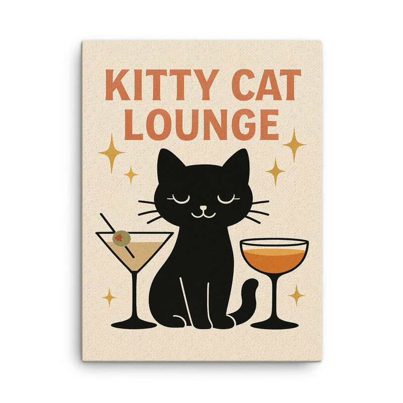Cute minimalist sparkly wall decor of a black cat with cocktail glasses and the words 'Kitty cat lounge' canvas print on a plain backdrop in size 18