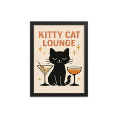 Cute minimalist sparkly wall decor of a black cat with cocktail glasses and the words 'Kitty cat lounge' framed print on a plain backdrop in size 12"x16".