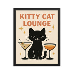 Cute minimalist sparkly wall decor of a black cat with cocktail glasses and the words 'Kitty cat lounge' framed print on a plain backdrop in size 16"x20".