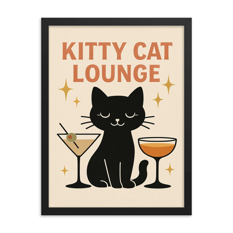 Cute minimalist sparkly wall decor of a black cat with cocktail glasses and the words 'Kitty cat lounge' framed print on a plain backdrop in size 18