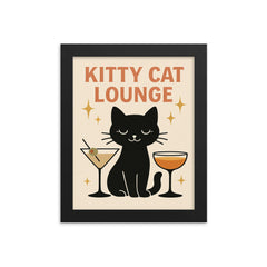 Cute minimalist sparkly wall decor of a black cat with cocktail glasses and the words 'Kitty cat lounge' framed print on a plain backdrop in size 8"x10".