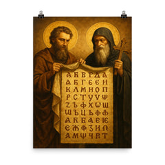 Cyril and Methodius unveiling Glagolitic script poster on a plain backdrop in size 8"x10".