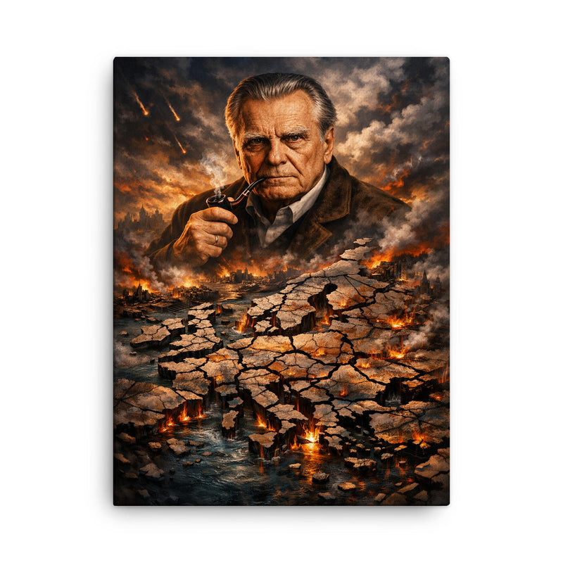 Czeslaw Milosz over shattered Europe map canvas print on a plain backdrop in size 18