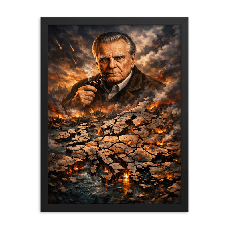 Czeslaw Milosz over shattered Europe map framed print on a plain backdrop in size 18