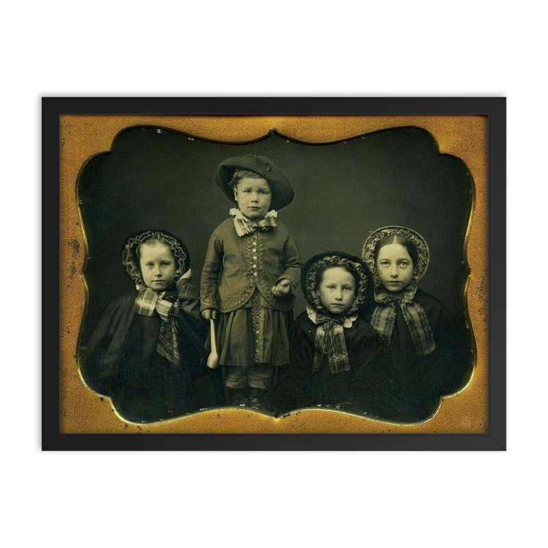 Daguerreotype of Four Siblings, c. 1840s framed print on a plain backdrop in size 18