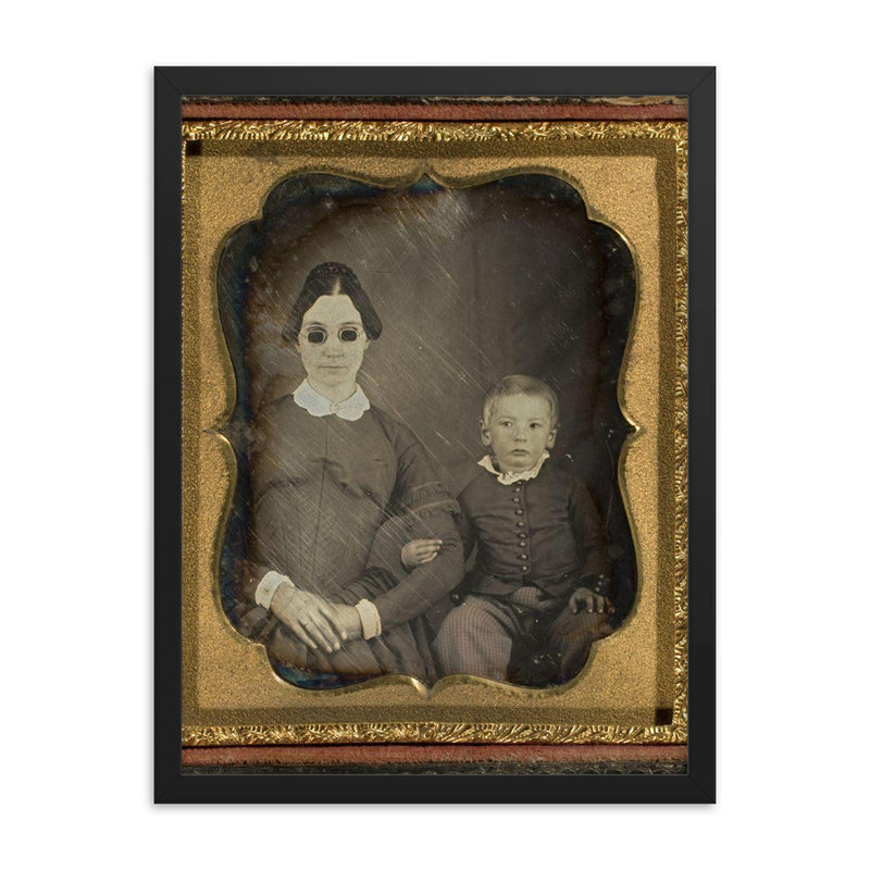 Daguerreotype Portrait of a Blind Woman with Dark Glasses and a Young Boy, c. 1855 framed print on a plain backdrop in size 18