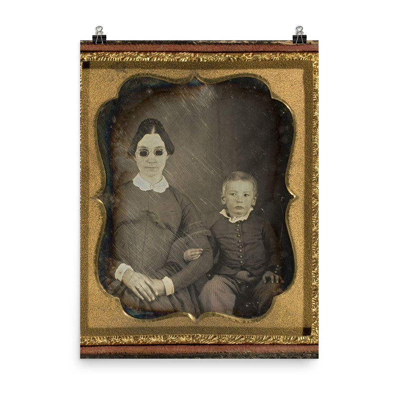 Daguerreotype Portrait of a Blind Woman with Dark Glasses and a Young Boy, c. 1855 poster on a plain backdrop in size 8