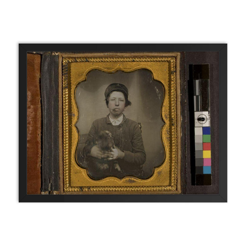 Daguerreotype Portrait of a Boy Holding a Dog and Smoking a Cigar, c. 1850 framed print on a plain backdrop in size 18